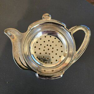 Vintage Silverplate Teapot Kettle Shape Teabag Holder Strainer w Drip Cup